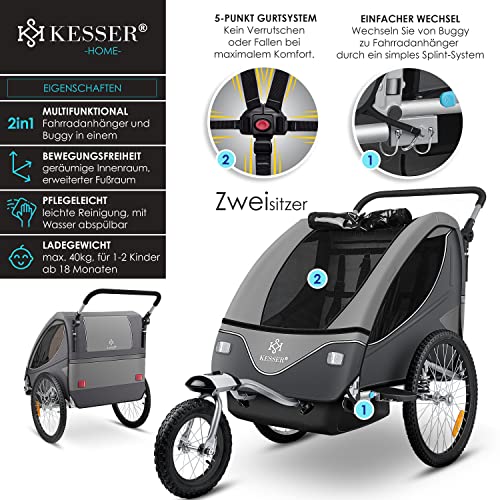 KESSER® Kinderanhänger Fahrradanhänger 360° Drehbar mit Federung 2in1 Joggerfunktion Kinderfahrradanhänger + 5-Punkt Gurt Jogger Fahrrad Anhänger für 1 bis 2 Kinder max. 40kg Inkl. Warnfahne Hellgrau