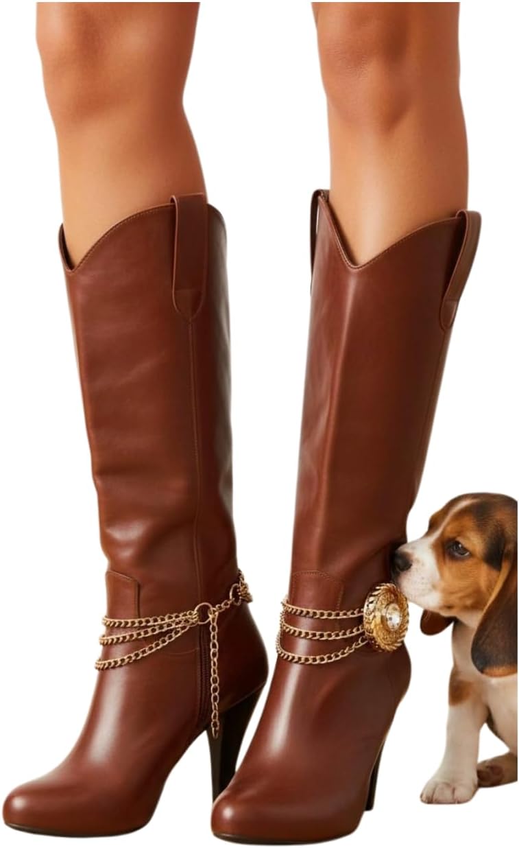 Women’s Gold Chain Boot Anklets Pair, Layered Triple Shoe Bracelets With “Fashion” Medallion Charm And Rhinestone, Trendy Boot Jewelry BC103