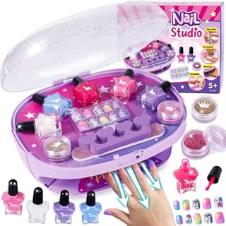 Golray Kids Nail Polish Set for Girls, All-in-One Nail Art Kit - Nail Dryer/ Nail Polish/ Glitter Powder/ False Nails/ Nail Decals/ Toe Separator/File, Age 3-12 Little Girl Gift