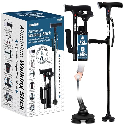 MEDITAL Folding Walking Stick with SOS Alarm & LED Light - 86-97cm Adjustable Aluminum Foldable Walking Stick for Men & Women - Stable Walking Cane Non-Slip Base Supports up to 113kg