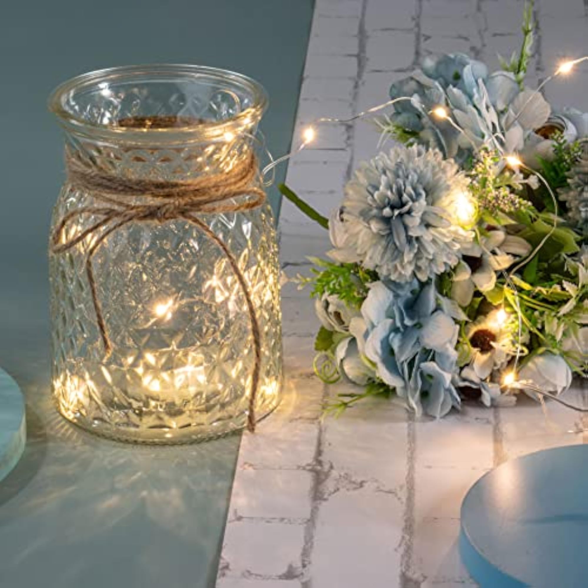 Artificial LED Blue Rose Flowers with Glass Vase
