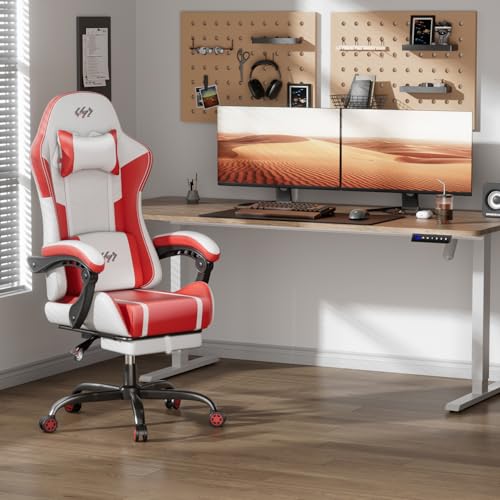 Image of HLDIRECT Gaming Chair, Ergonomic Video Game Seat with 360 Swivel & Lumbar Massage, Computer Chair PU Leather Cushion for Adults Home /Office Use (White & Red)
