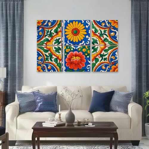 3 Piece Canvas Wall Art Prints Picture Mexican talavera ceramic tile Ethnic folk ornament Italian pottery Framed Wall Painting Modern Artwork Poster Home Decor for Living Room Office Ready to Hang - Image 3