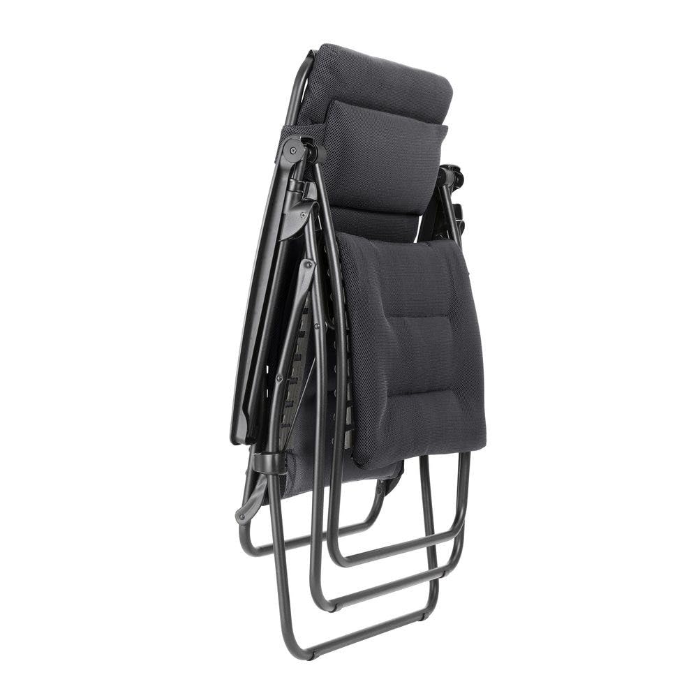 Lafuma Ensemble Fauteuil Relax matelassé XL avec Ombrelle et Porte-Gobelet | Fabriqué en FRANCE - Garantie 5 ans - Noir - Maintien ferme de tout le dos, Idéal pour grands gabarits 180 cm