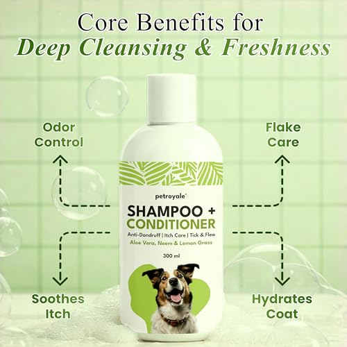 Image of Petroyale Dog Grooming Combo - 2-in-1 Shampoo & Conditioner (300ml) + Dry Bath Foam Shampoo (150ml) - Anti-Fungal, Anti-Itch, Tick & Flea Control, Shedding Support for All Breeds