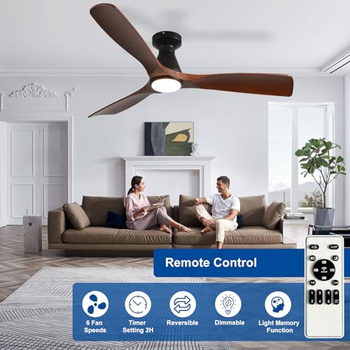 Image of Depuley 52-Inch Ceiling Fans with Lights: Walnut 3 Blade Flush Mount Low Profile Ceiling Fan for Bedroom - Dimmable Indoor Outdoor Fan with Remote Control Ultra Quiet DC Motor Timer