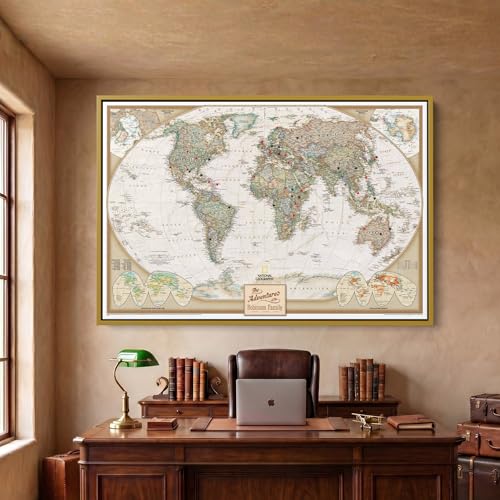 Image of Executive World Push Pin Map - National Geographic Antique Style Canvas Travel Tracker - Framed Wall Decor - Gold Float Frame - 24 inch x 36 inch