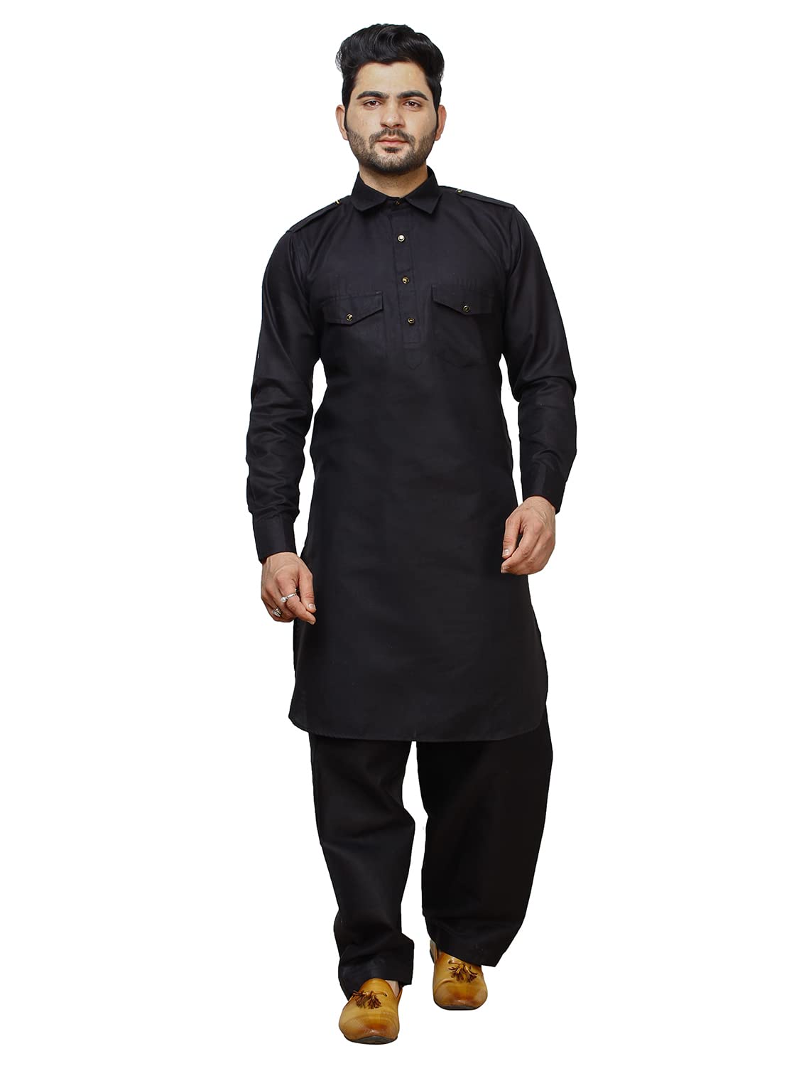 Men Cotton Pathani Suit Set|Solid Pattern|Classic Collar-image-1