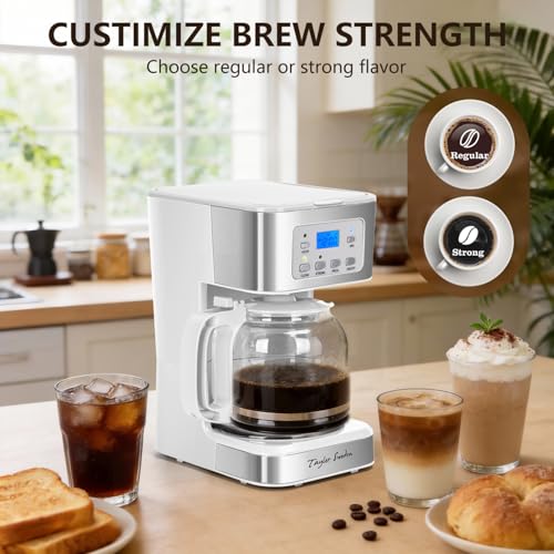 Image of Taylor Swoden 12-Cup Programmable Coffee Maker, Regular & Strong Brew Drip Coffee Machine for Home and Office, Glass Carafe, Pause & Serve, Auto Shut Off, White & Stainless Steel