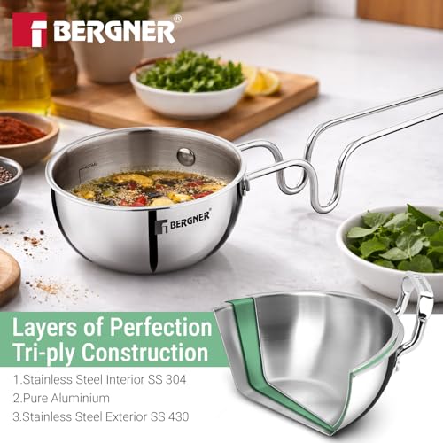 Image of BERGNER Argent Triply 12cm (500ml) Tadka Pan /Vagar /Vaghariya Pan for Spice Seasoning, Tempering, Ergonomic Stay Cool Touch Handle, Faster and Even Heat Distribution - Induction and Gas Stove Ready