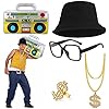 BIQIQI Hip Hop kostuum set heren jaren 80 en 90 rapper outfits voor volwassenen accessoires verjaardag geschenken emmer hoed dollar teken gouden ring halsketting opblaasbare boom box jaren 80 kostuum