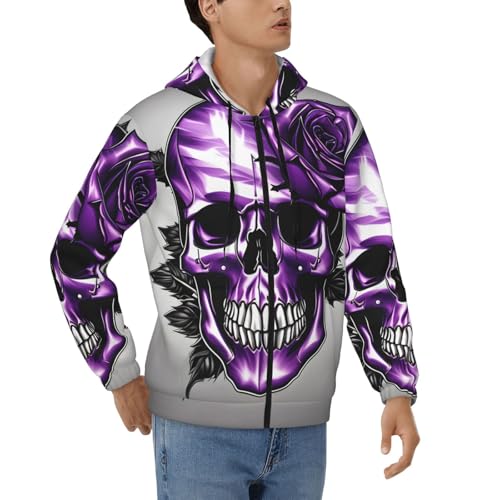 Sweat à capuche zippé homme violet manches longues à motif crâne et rose