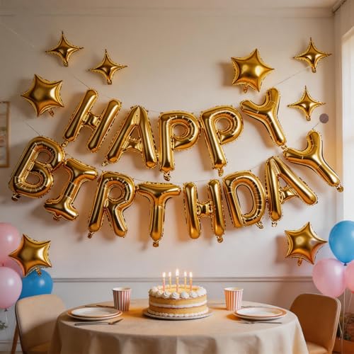 Image of Gold Happy Birthday Balloons Banner 16 Inch Mylar Foil Letters, 10 Inch Five & Four Star, Inflatable Party Decor and Birthday Decorations for Women, Men, Boys & Girls Kids and Adults, Party Supplies