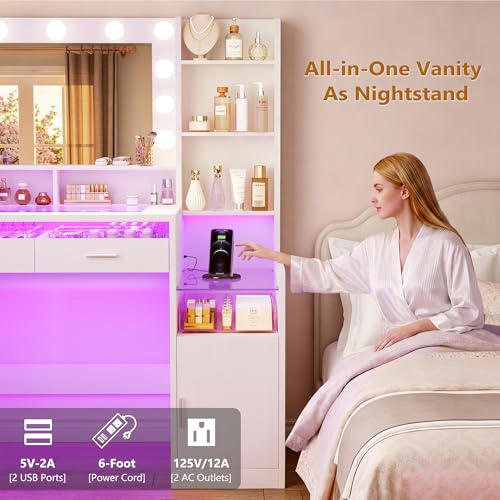 Image of HUAHUU Vanity Desk with Mirror and Lights, Makeup Vanity with Glass Top and RGB Lighting, White Vanity Set with Transparent Drawers, Open Shelves, Cabinet & Power Outlet for Bedroom Dressing Room