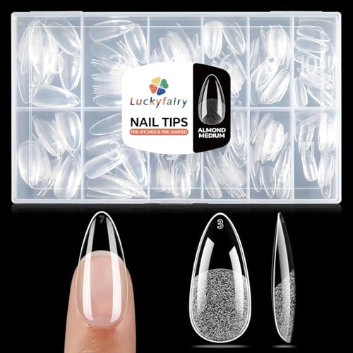 Luckyfairy Medium Almond Nail Tips, 240pcs Soft Gel Pre-Filed Acrylic Almond Fake Nails, Half Matte Full Cover Clear Press on Flase Nail Tips for Nail Extension Home DIY 12 Sizes Gelly Tips