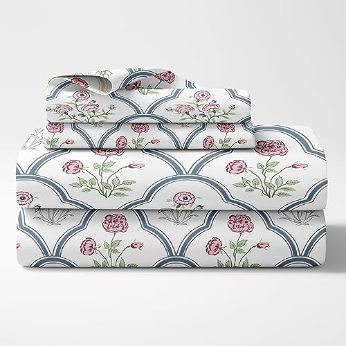 Haus & Kinder King Size Bedsheet with 2 Pillow Covers, 186 TC Cotton Bedsheet for Double Bed King Size 108X108 Inches Flat Bed Sheet | Classic Trellis, White