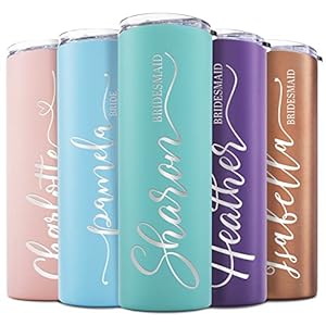 Lily’s Atelier Bridesmaid Gifts Set of 5, Personalized Bridesmaid Tumbler W/Name and Title – 8 Vivid Colors, 5 Designs – 20 Oz Engraved Skinny Tumbler W/Straw Set