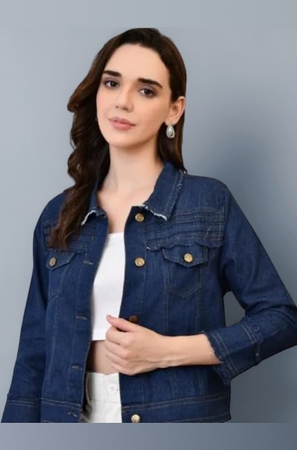 Women's Classic Denim Jacket, Dark Blue, Long Sleeve Button Down Casual Outerwear