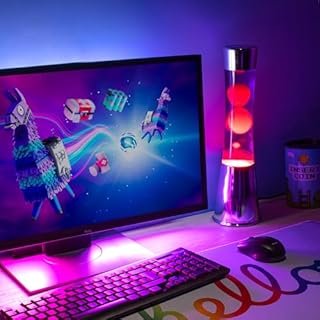 FISURA - Lampe à lave rouge et violette. Base chromée, liquide violet et lave rouge. Lampe d'ambiance originale. Avec ampoule de rechange. 11 cm x 11cm x 39,5 cm.