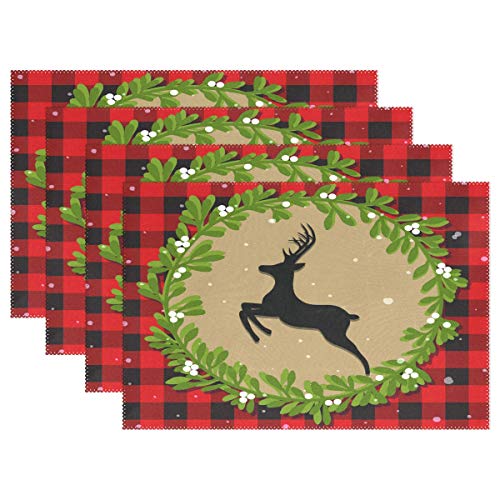 One-Day Sale: Up to 60% Off WIHVE 6pcs Deer Wreath Snowflake Plaid Place Mat Red and Black Check Placemats, Christmas Placemats for Christmas Table Decorations 12 x 18 Inch