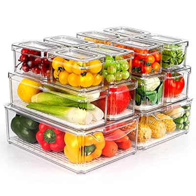 ZIJUND 14 Pack Fridge Organizer, Stackable Refrigerator Organizer Bins with Lids, BPA-Free Fridge Organizers and Storage Containers for Fruit, Vegetable, Food, Drinks, Cereals, Clear