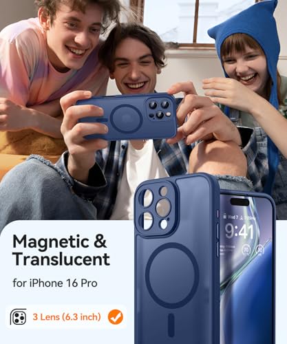 Image of CANSHN Magnetic Compatible with iPhone 16 Pro Case, Upgraded [Full Camera Protection] [Compatible with Magsafe] [Translucent Matte] Shockproof Protective Phone Case Cover 6.3 Inch - Deep Blue