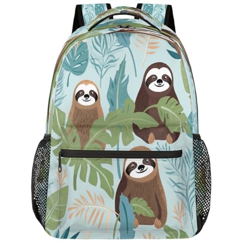 Cute Sloths Palm Leaves Kids Backpack, Lightweight School Bookbag Large Capacity Laptop Backpack Water Resistant Daypack Shoulder Bag for Teenager Boys Girls
