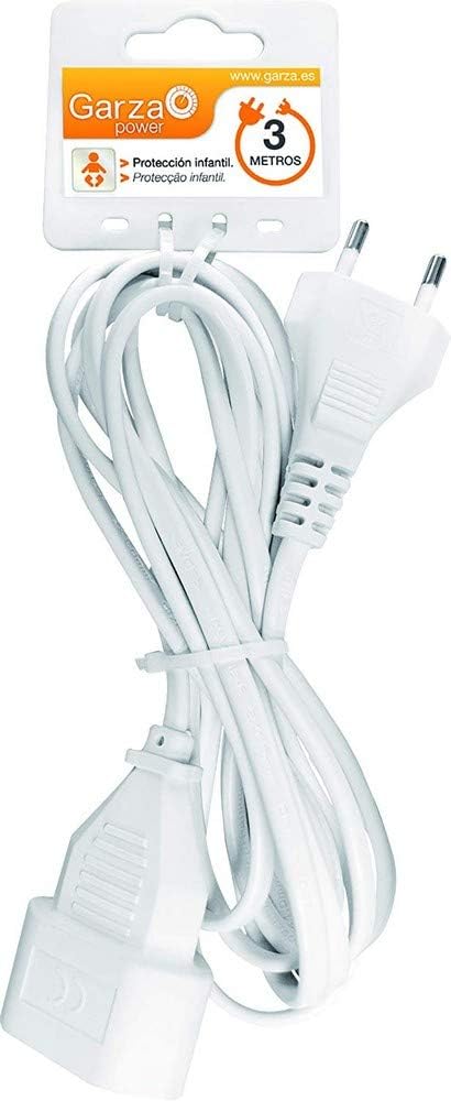 Garza ® - Cable alargador de corriente doméstico de 3 metros, blanco, con toma de tierra hasta 10 Amperios (2300W)
