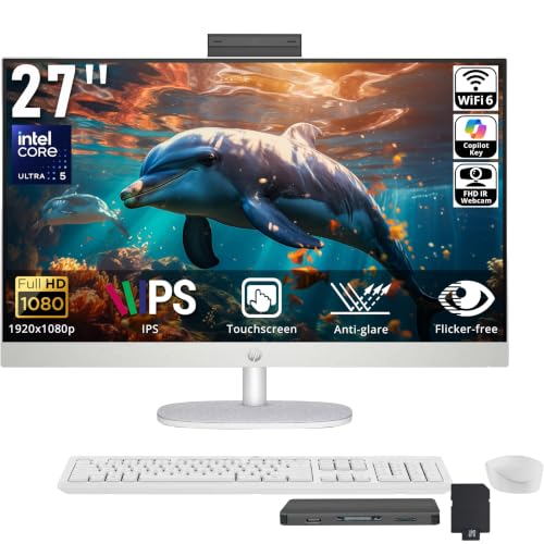Image of HP 27 inch FHD Touchscreen All-in-One Desktop AI PC, Intel Ultra 5 225U, 16GB DDR5, 1.5TB Storage (512GB SSD+1TB Docking Station), FHD IR Camera, Wi-Fi 6, Wireless Keyboard & Mouse, Win 11, White