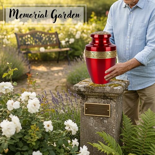 Image of ALPHA Living HOME Urns for Human Ashes Adult Female and Male 200+ Cubic Inches, Decorative Burial Urn, Funeral Cremation Urns for Women and Men, Handcrafted Urn for Ashes Adult, 11 inch Gold Red