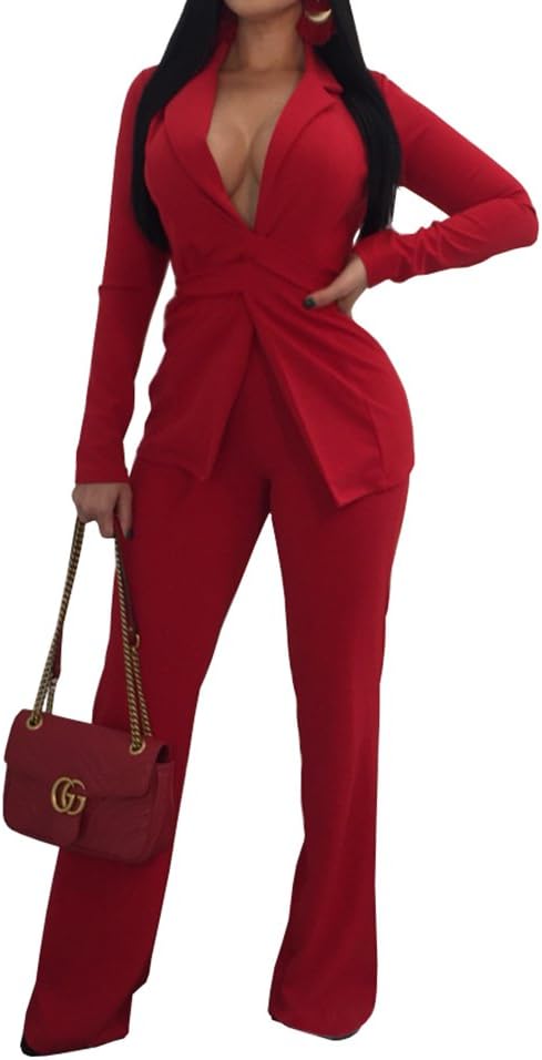Jeanewpole1 Women Two Piece Open Front Long Sleeve Blazer and Elastic Waist Pant Set Suit Red
