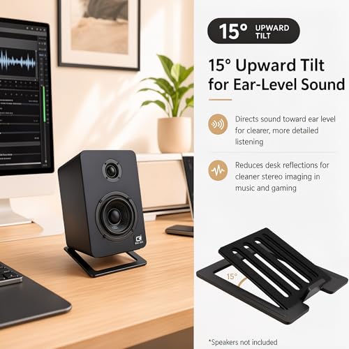 Image of Tilted Desktop Speaker Stands for Computer Speakers, Small to Medium Speakers and Studio Monitors, Metal Speaker Stand Pair, Black