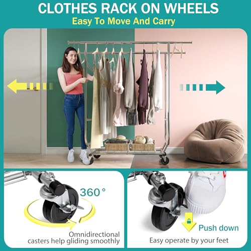 Raybee 2021090901 Clothes Rack,Clothing Rack 630 Lbs Heavy Duty Clothes Rack With Wheels Clothing Racks For Hanging Clothes Rolling Clothes Rack Adjustable & Commercial Garment Rack 22 Inch D X 74 Inch W X 68 Inch H thumb #3