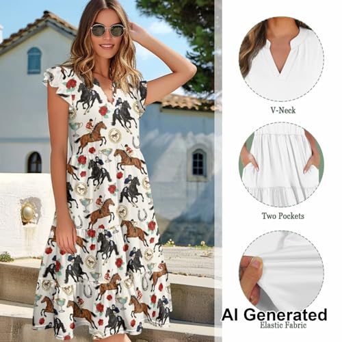 Image of Womens Summer Dress Ruffle Sleeve V Neck Dress Casual Fit Flowy Beach Vacation Sundress with Pocket S-2XL