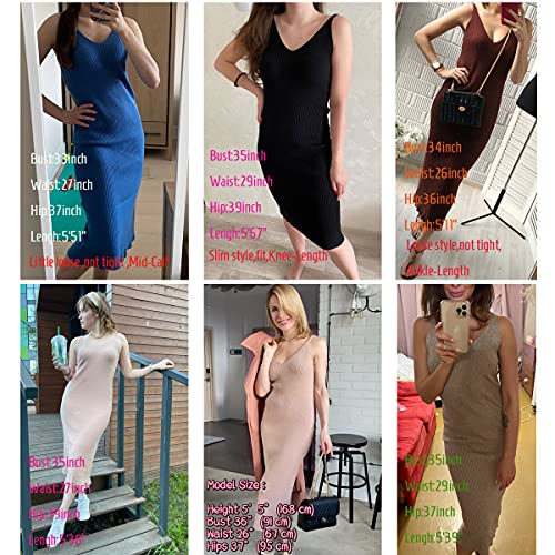 Rziv Women's Sleeveless Sweater Dress Knit Slim V Neck Bodycon Midi Stretchable Elasticity Slim Fits Khaki #TOP5