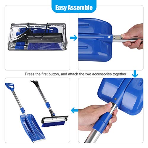 HONGNAL Extendable 4 in 1 Snow Removal Kit with Auto Emergency Snow Shovel,Ice Scraper,Snow Brush,Squeegee for Car, Snowmobiles,ATV –Winter Survival Gear for Camping -Detachable Multifunctional