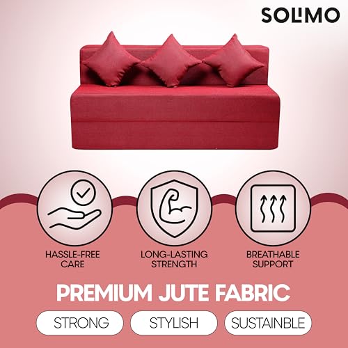 Image of Amazon Brand - Solimo 3 Seater 5 * 6 Jute Fabric Washable Cover Sofa Cum Bed with 3 Cushions 3 Seater Double Foam Fold Out Sofa Cum Bed (Finish Color - Maroon Delivery Condition - Pre-Assembled)