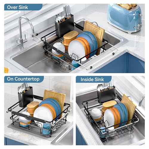 Image of Over the Sink Dish Drying Rack,In Sink Dish Drying Racks,Expandable Dish Rack Over Sink Counter,Adjustable Dish Drainer for Inside Sink with Utensil Holder, Stainless Steel Dish Strainer XLarge Size