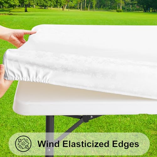 Image of Smiry Heavy Duty Vinyl Fitted Tablecloths for 5 Foot Rectangle Tables | Elastic Waterproof Fitted Tablecloths, Wipeable Washable Table Cover for Kitchen, Dining, Camping (White, 30 inch x 60 inch)