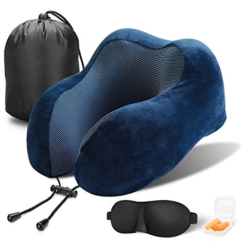 Imagen de MCSWKEY Almohada de Viaje, Viscoelástica de Espuma de Memoria Almohada de Cuello, Almohada Cervical con Máscara de Ojos, Tapones y Bolsa con Cordón para el Uso del Avión, Oficina y el Hogar (Azul)