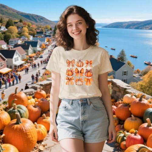 Women Halloween Pumpkin Shirt Coquette Bow Pumpkin Print T-Shirt Halloween Fall Tee Tops2