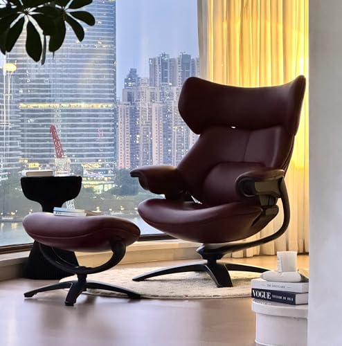Image of TOMU Genuine Leather Reclining Swivel Chair with Adjustable Headrest and Ottoman for Living Room, Executive Office, Bedroom and Study. Real Leather Luxury Recliner for Reading and Relax (Red)
