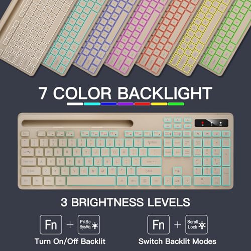 Image of Soueto Wireless Keyboard with 7-Color RGB Backlit, Full-Size Computer Keyboard with Phone Tablet Holder, 2.4G Rechargeable Gaming Keyboard with Light Up Keys, Compatible with Mac, Windows (Latte)