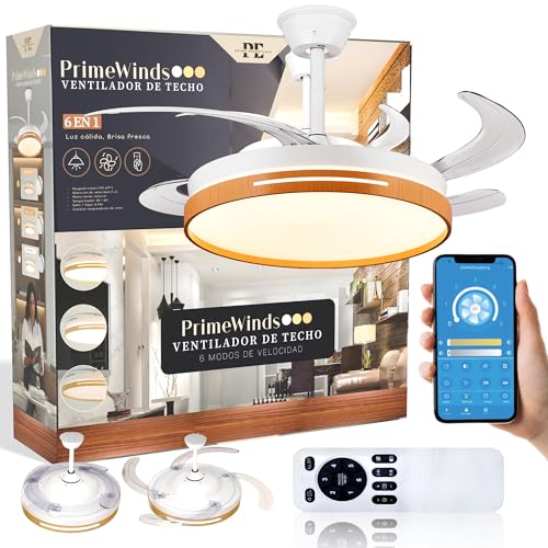 PRIME ESSENTIALS® Ventilador de techo 6 en 1 Madera con Luz LED Ajustable 50CM con mando+APP I Ventilador Ultrasilencionso Motor DC + Lampara 66W I 2900 LM I Para techo, salón y dormitorio.