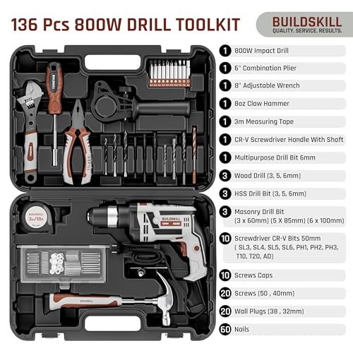 Image of BUILDSKILL 136 PCs Impact 800W Corded Electric Drill Toolkit | 3300 RPM | 48000 Impact Rate | Copper Motor | 13mm Keyless Chuck Drill Machine for Wall Drilling | Forward-Reverse | Professional & DIY