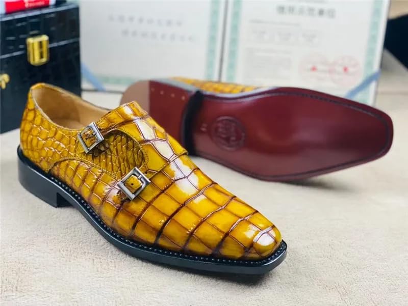 Authentic Crocodile Belly Skin Square Toe Men's Gold Color Dress Shoes Genuine Alligator Leather Buckle Strap Male Party Oxfords4