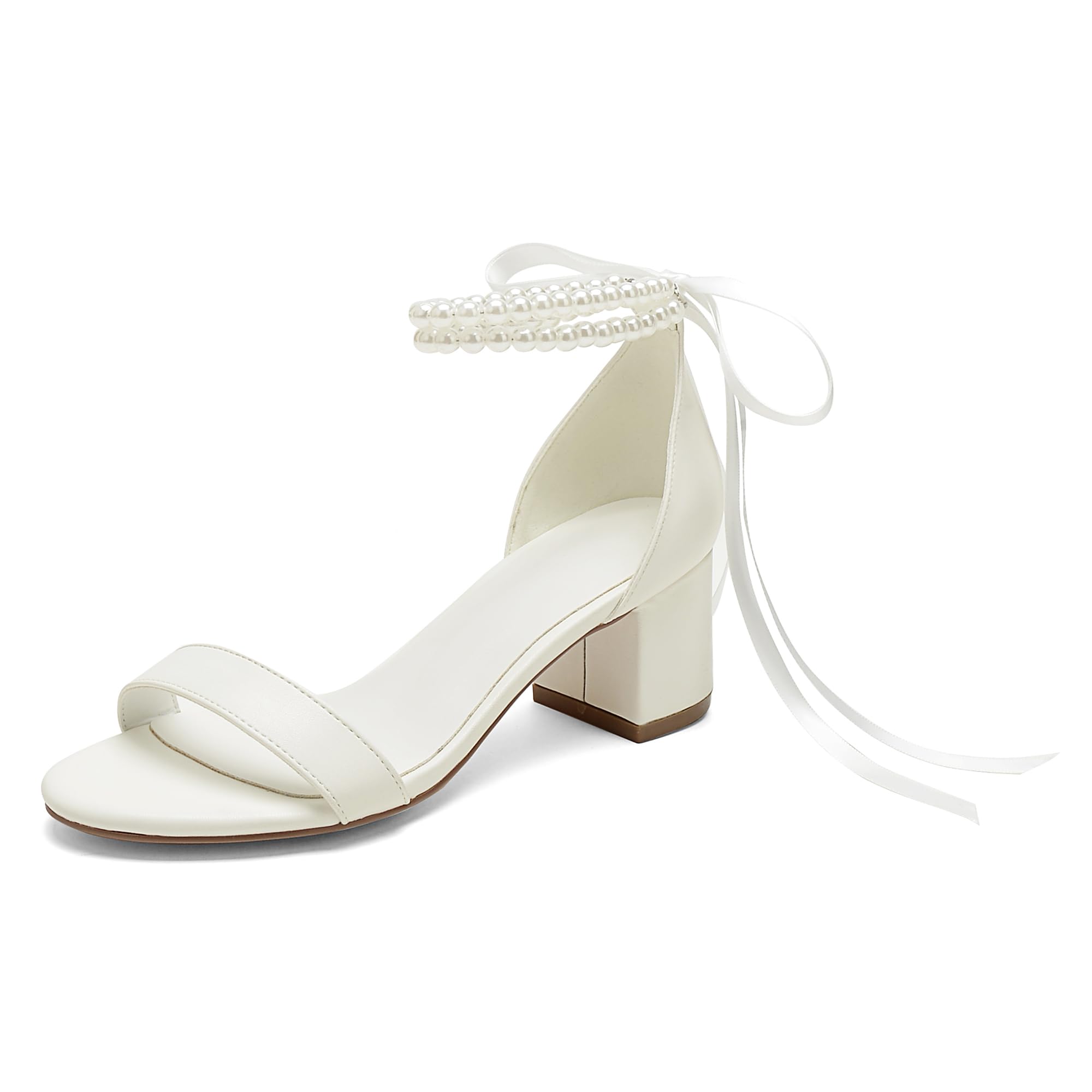 MNTSUEDS Pearl Wedding Shoes for Bride - Low Open Toe Bridal Heels With Bow, Chunky Block Heel for Women's Prom, Evening Party, Dress Pumps