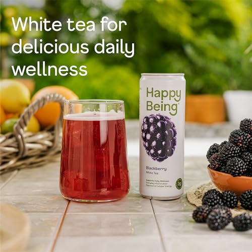 Image of Happy Being Blackberry White Tea - Antioxidant & Polyphenol Rich, Infused with Turmeric, Elderberry, Plant-Based, Low Sugar & Low Calorie Drinks, 12oz (16 Pack)