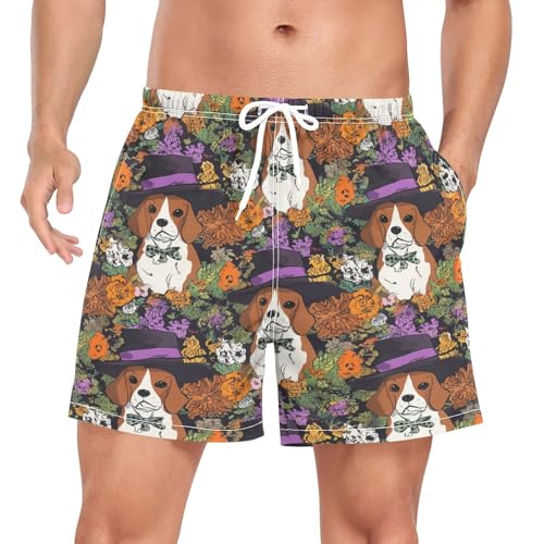 Halloween Beagle Flowers Men's Swim Trunks with Liner Quick Dry Beach Shorts Swimwear Bathing Suit S-XXL
