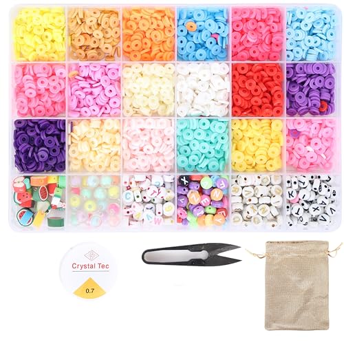 Image of ambitieux DIY Bracelet Making Kit - 24 Colorful Beads, 10m Elastic Thread, Jute Bag, and Cutter - Gift for Girls Birthdays (Clay Beads 3)